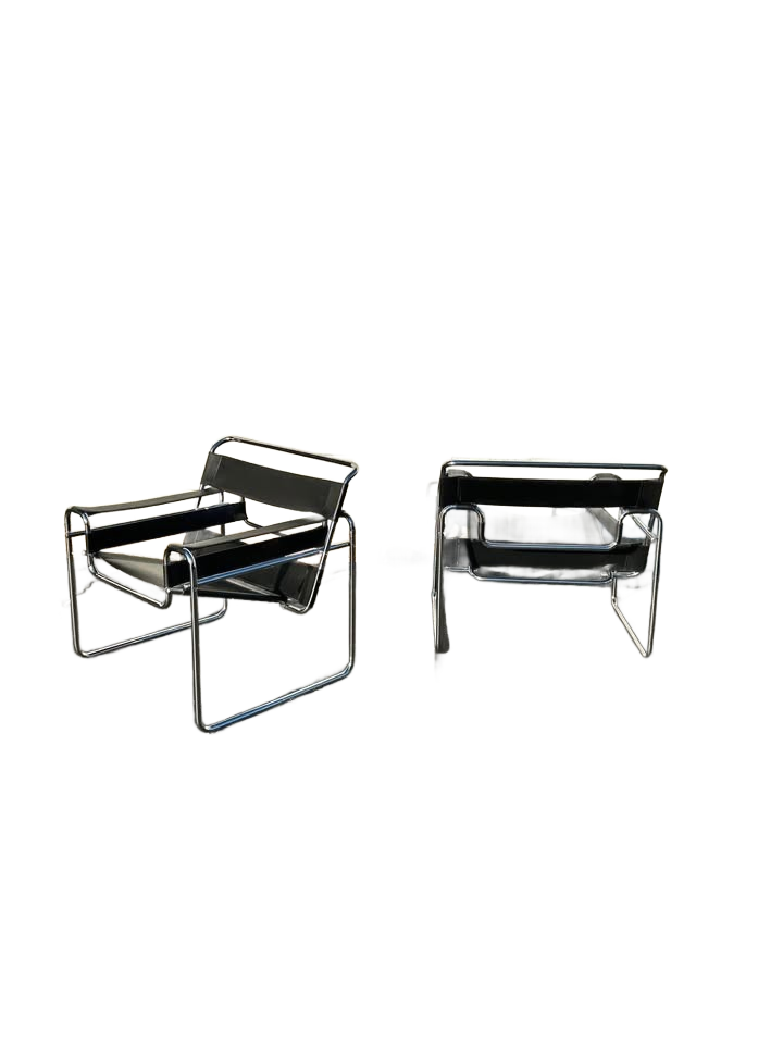 Mid Century Modern Wassily Chair Style Black Leather set of 2 Circa 1980s