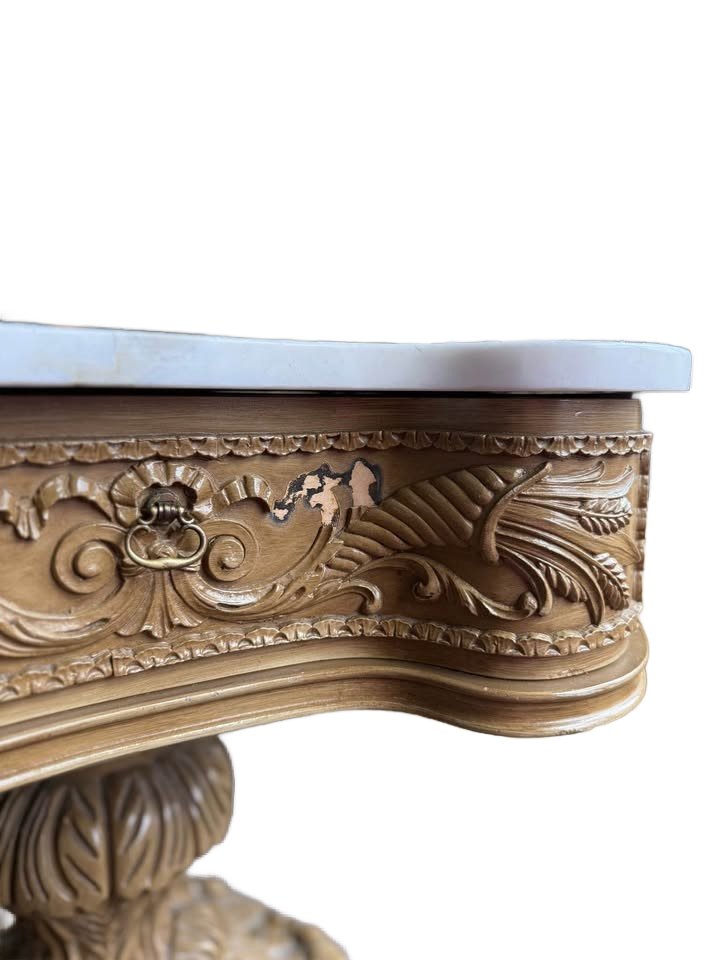 2 Vintage French Provincial Style Carved Wood Side Tables With a Marble Top.