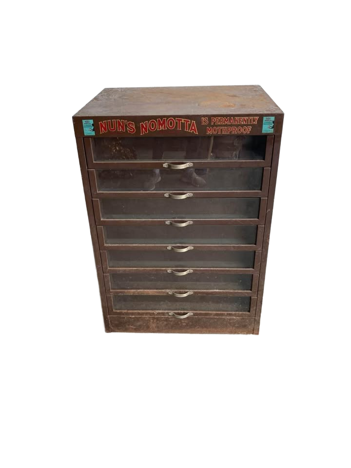 Nun's Nomotta antique metal storage cabinet , mfgd by T. Buettner & Co., c.1932 Yarn Case by