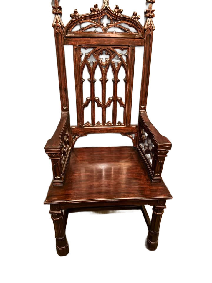 Two Exceptional Burge Gothic Tracery Solid Mahogany Hand Carved Armchairs.