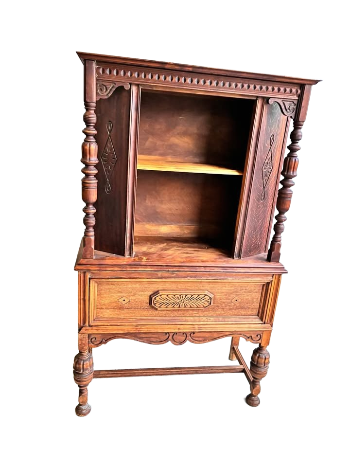 Solid oak Georgian style, China cabinet with plate rails, missing front door, and handles