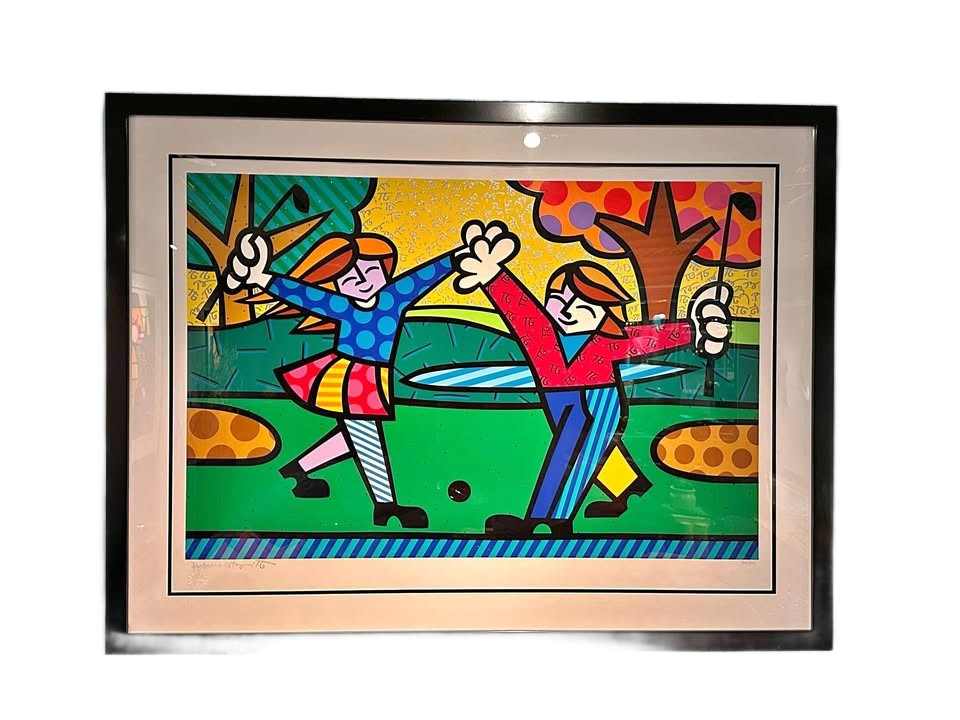 Romero Britto Limited Edition (268/300), Signed Serigraph “New Golfer” Framed In Black