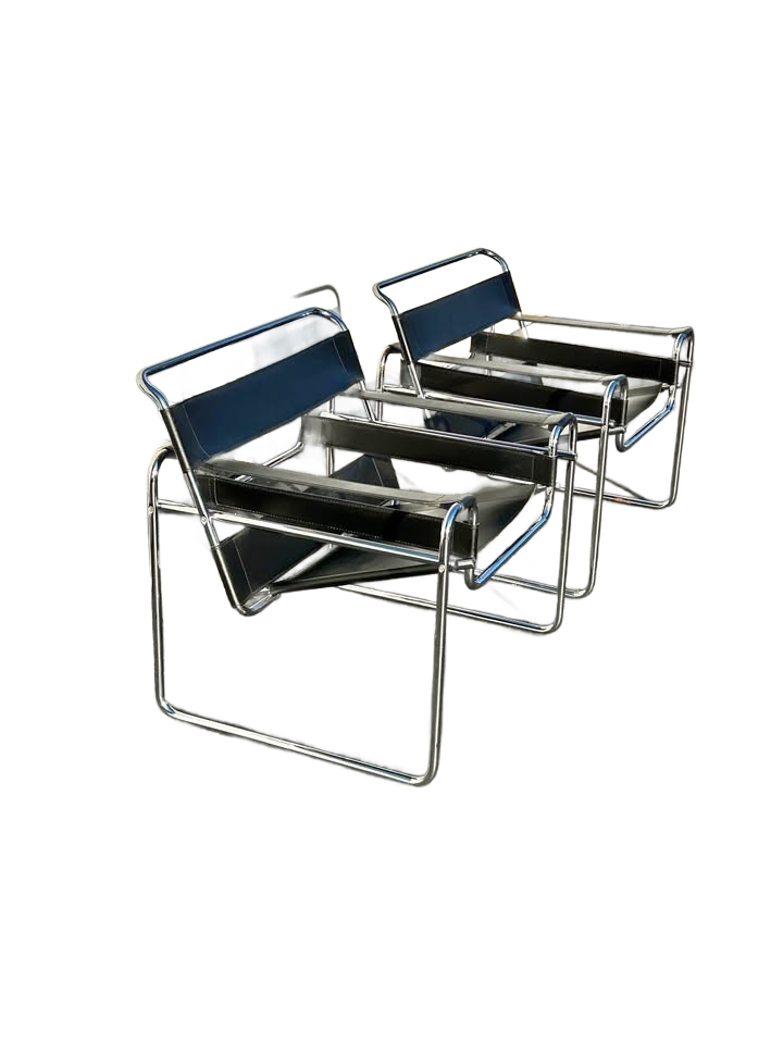 Mid Century Modern Wassily Chair Style Black Leather set of 2 Circa 1980s