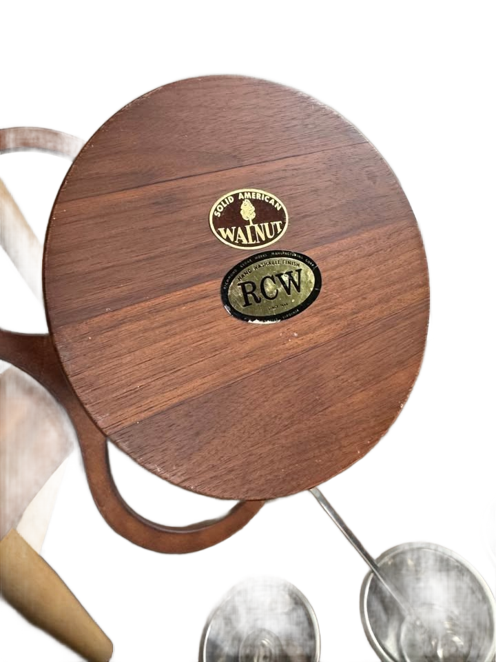 Vintage Margaret Studios Mid-Century Modern walnut and stainless steel 3-cup condiment server.