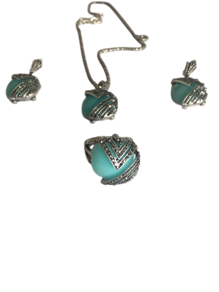 Jewelry set with blue stone: earrings, ring -8, necklace