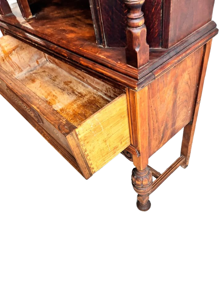 Solid oak Georgian style, China cabinet with plate rails, missing front door, and handles