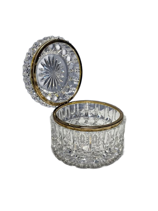 Vintage French Cut Crystal Brass Mount Round Casket Jewelry Box