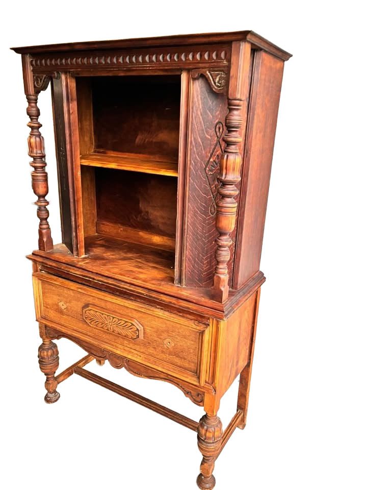 Solid oak Georgian style, China cabinet with plate rails, missing front door, and handles