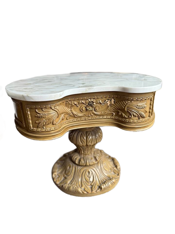 2 Vintage French Provincial Style Carved Wood Side Tables With a Marble Top.