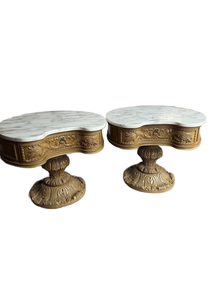 2 Vintage French Provincial Style Carved Wood Side Tables With a Marble Top.