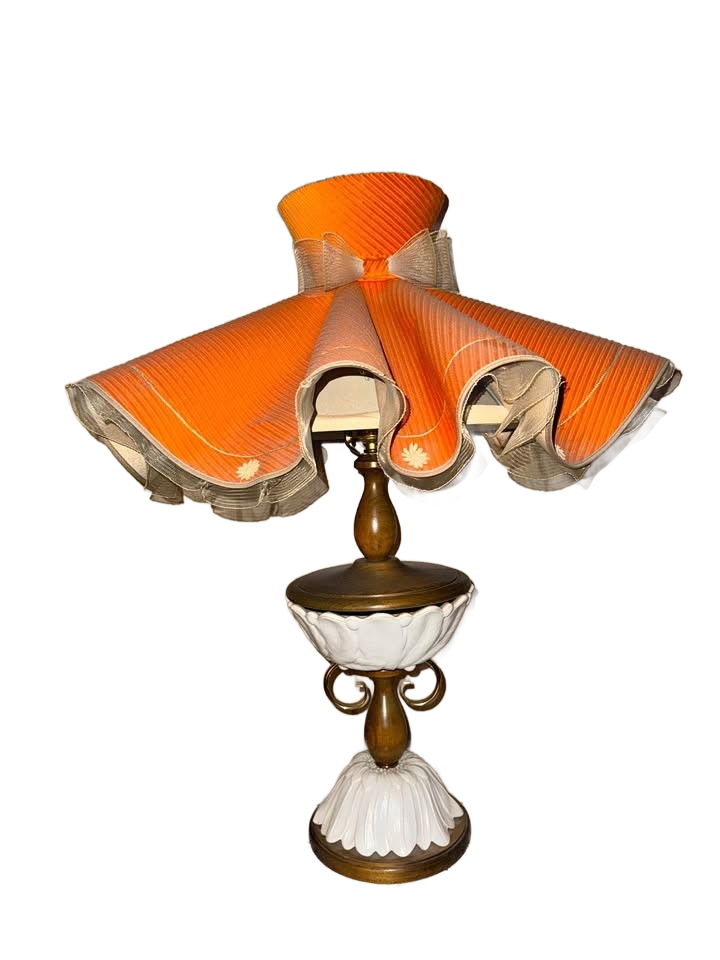 Vintage Mid-Century Table Lamp with Retro Orange Pleated Shade