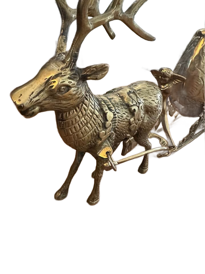 Reindeer and heavy brass sleigh of large size of 25" long VTG Christmas around the world