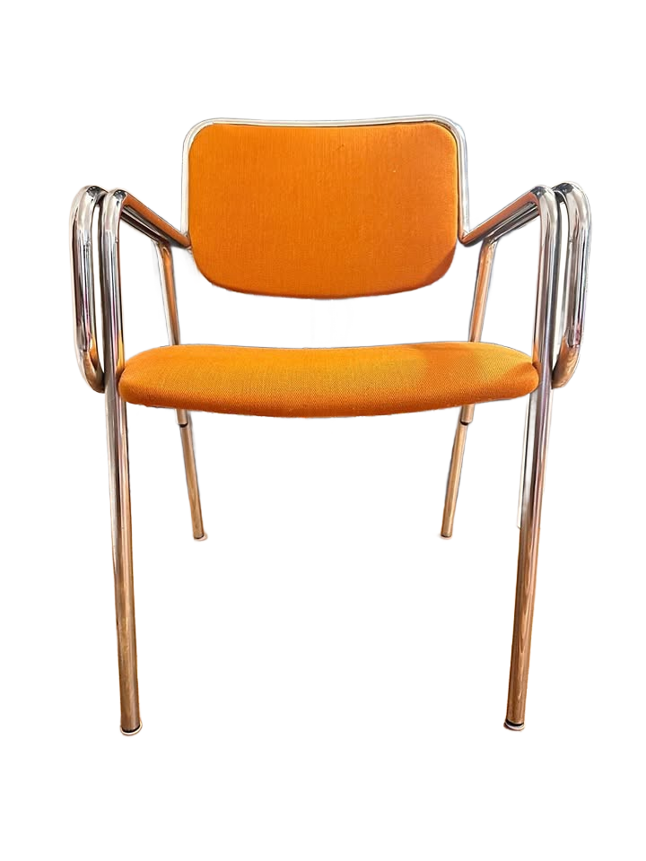 Set of 5 - Designs of California, c. 1970's; Polished tubular-chrome dining chairs