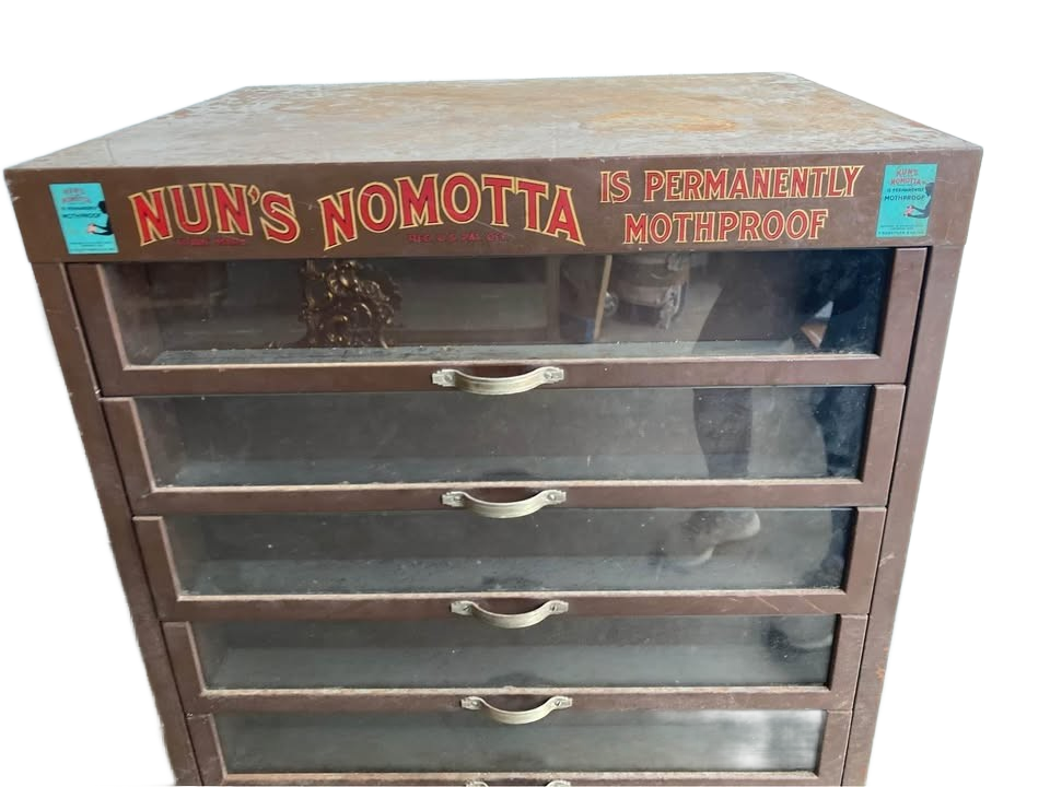 Nun's Nomotta antique metal storage cabinet , mfgd by T. Buettner & Co., c.1932 Yarn Case by