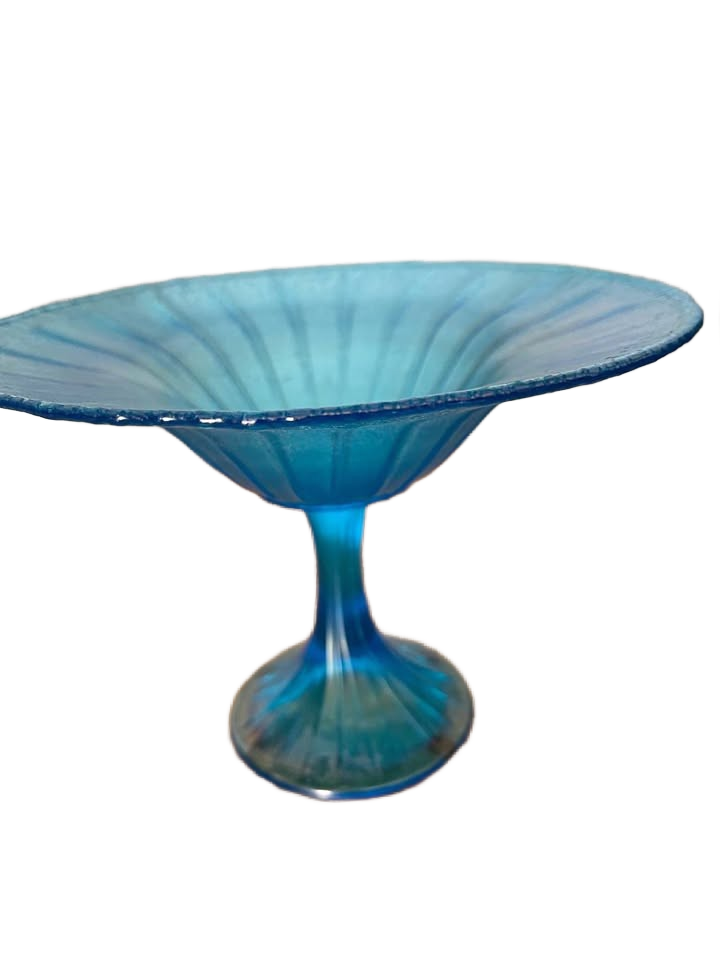 Antique Stretch Glass Compote – Blue Iridescent (c. 1915–1930)