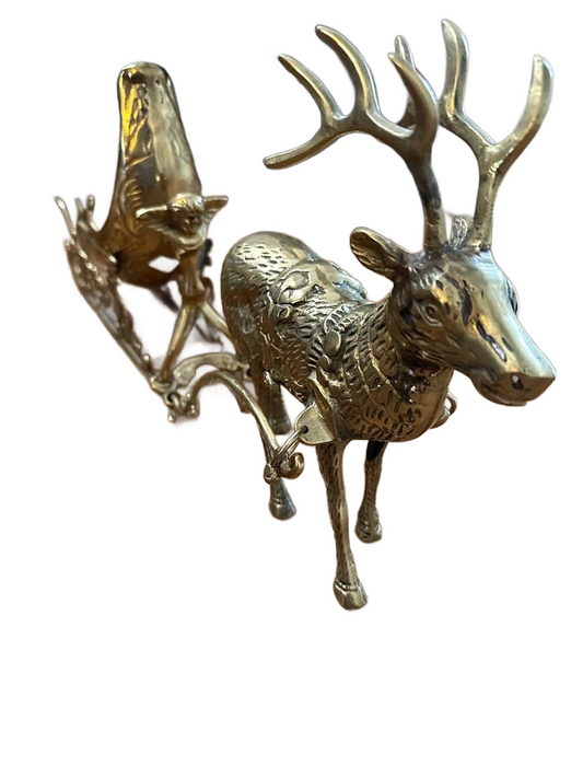Reindeer and heavy brass sleigh of large size of 25" long VTG Christmas around the world