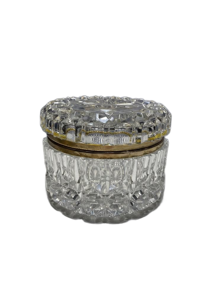 Vintage French Cut Crystal Brass Mount Round Casket Jewelry Box
