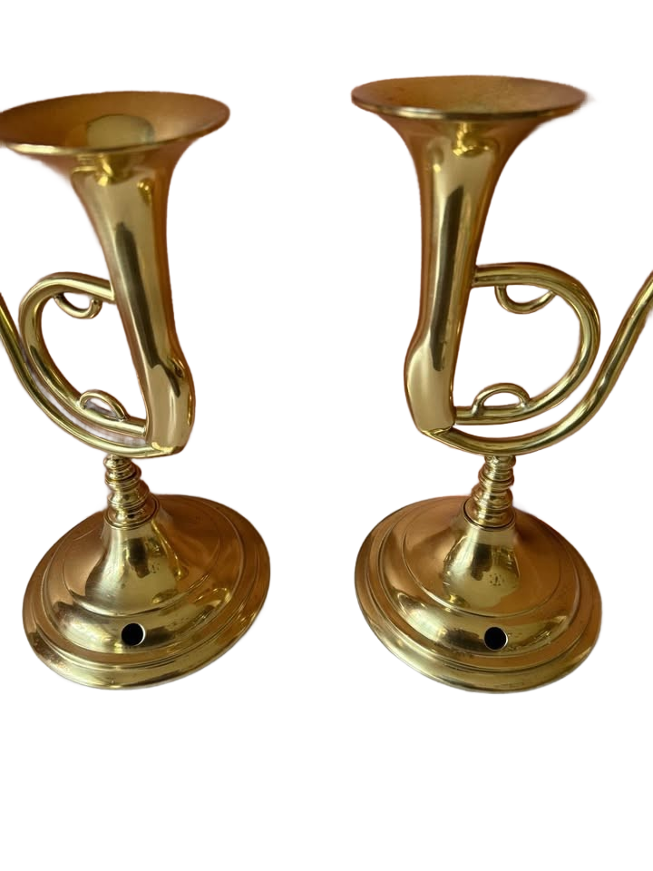 Vintage Solid Brass Trumpet Candlestick Holders