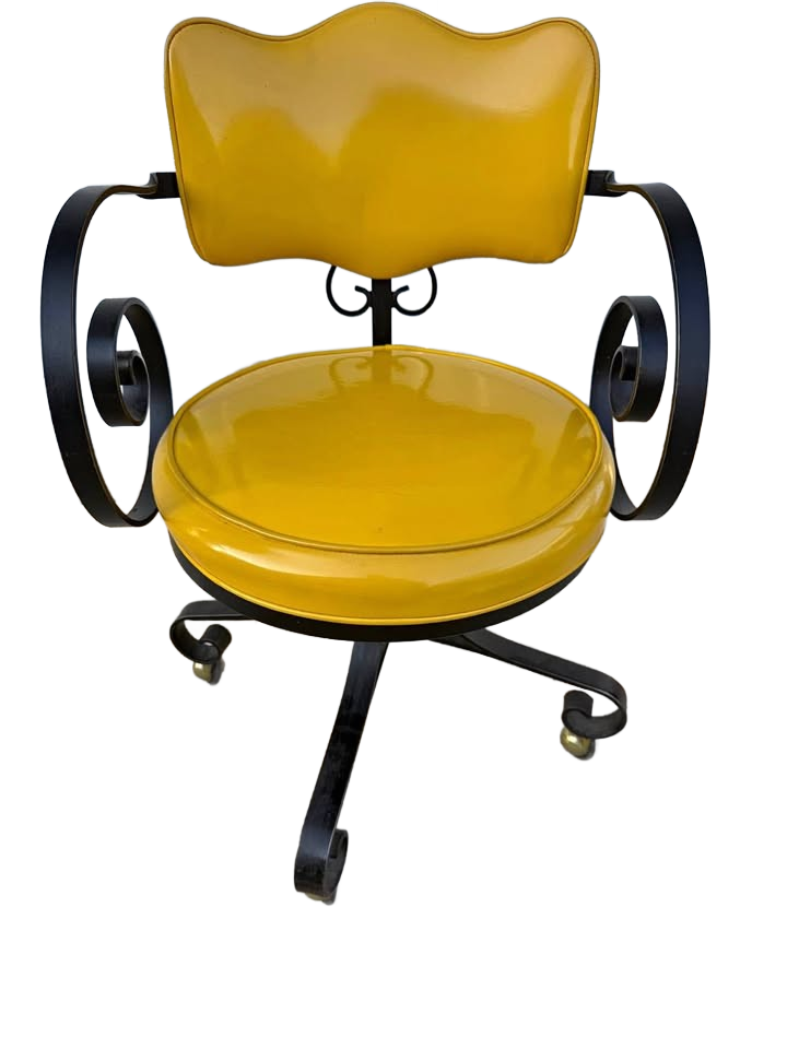 Mid-Century Modern Swivel Chair with Yellow Vinyl Upholstery and Black Metal Frame