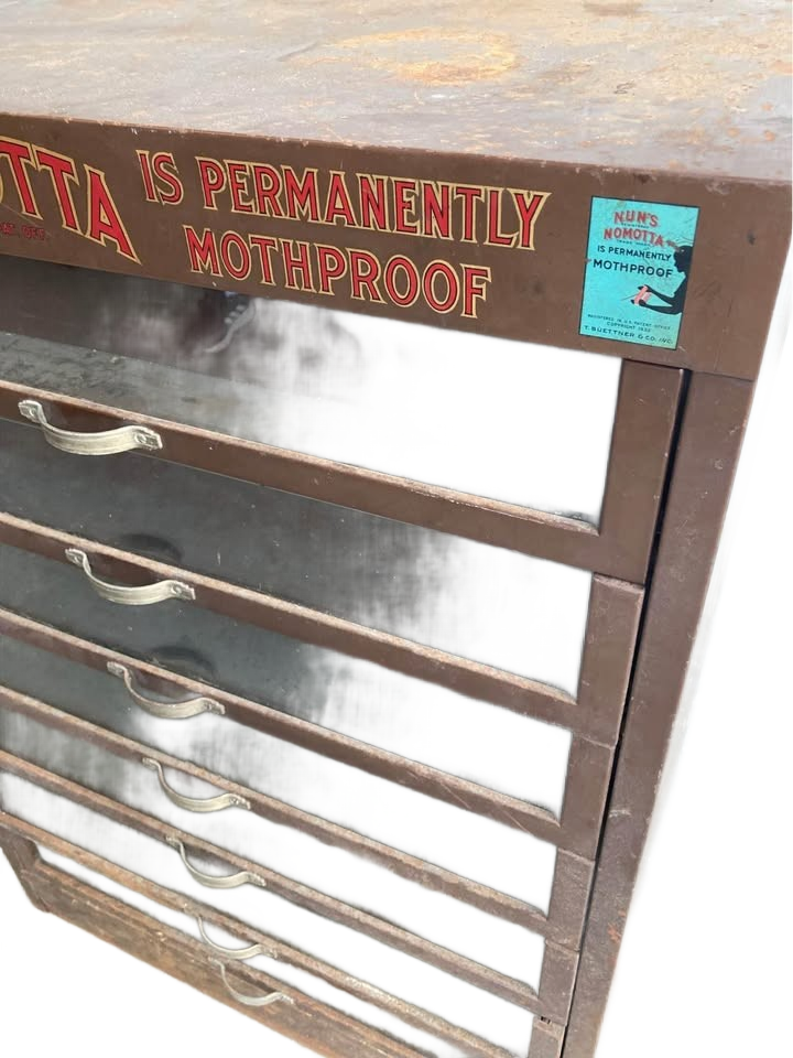 Nun's Nomotta antique metal storage cabinet , mfgd by T. Buettner & Co., c.1932 Yarn Case by