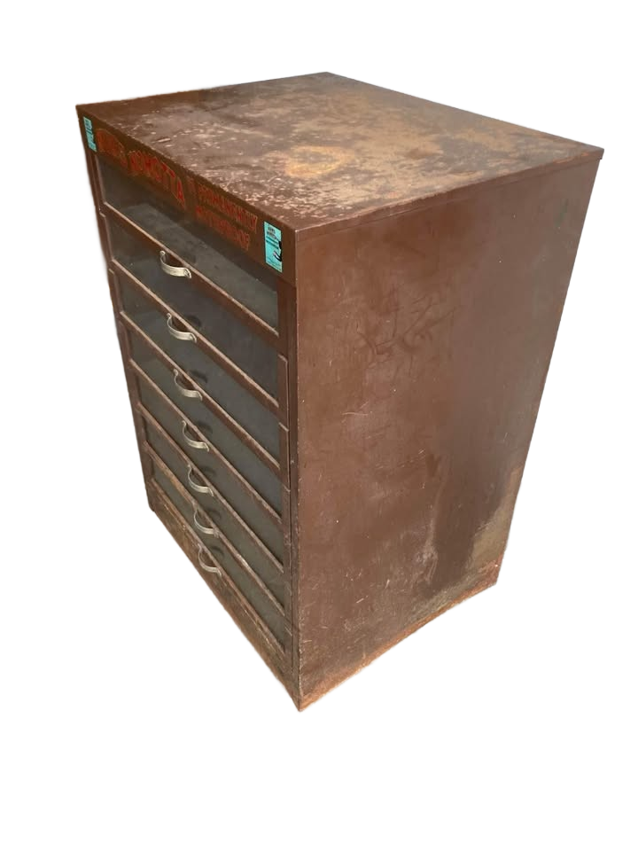 Nun's Nomotta antique metal storage cabinet , mfgd by T. Buettner & Co., c.1932 Yarn Case by