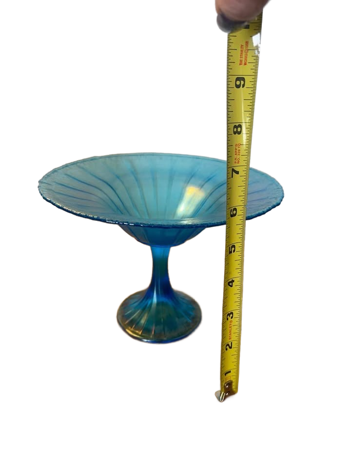 Antique Stretch Glass Compote – Blue Iridescent (c. 1915–1930)