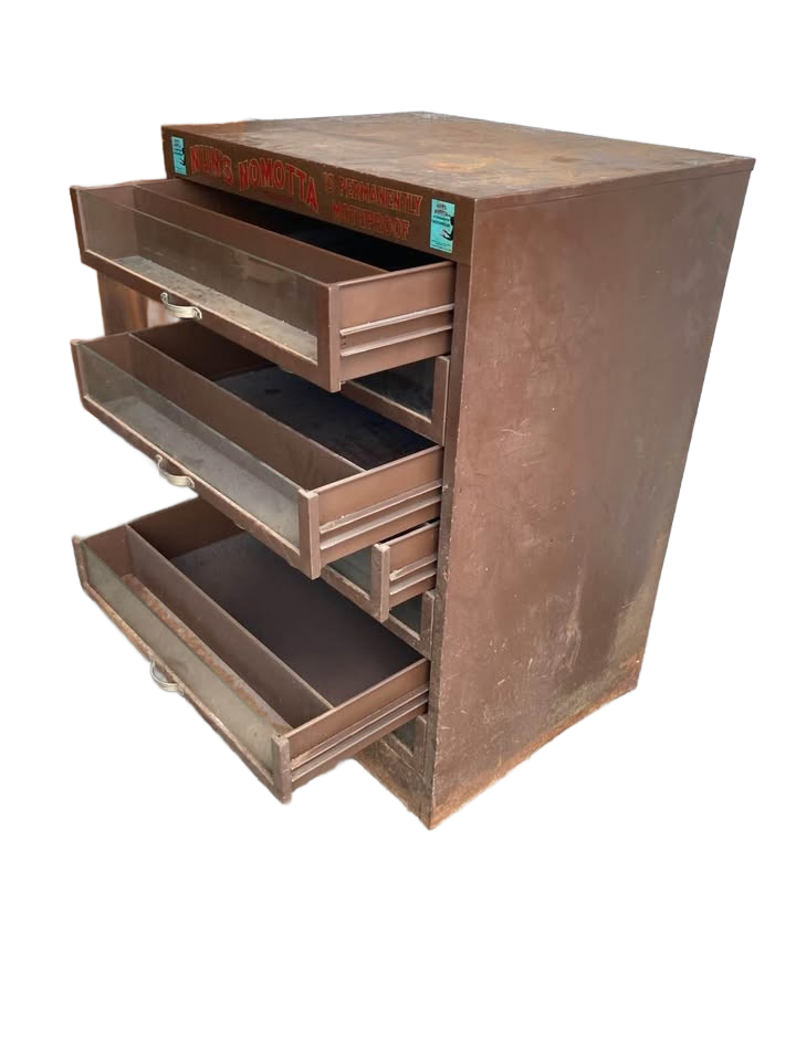 Nun's Nomotta antique metal storage cabinet , mfgd by T. Buettner & Co., c.1932 Yarn Case by