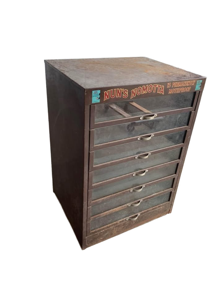Nun's Nomotta antique metal storage cabinet , mfgd by T. Buettner & Co., c.1932 Yarn Case by