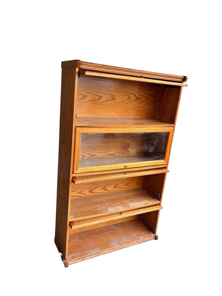 Vintage oak barristers cabinet, pocket doors, brass hardware.