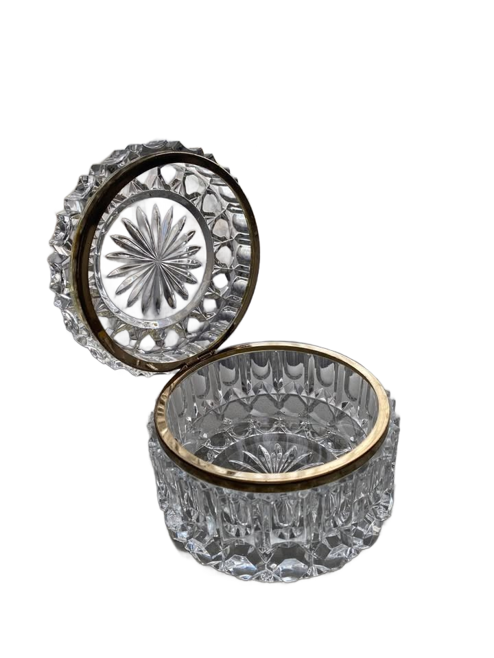 Vintage French Cut Crystal Brass Mount Round Casket Jewelry Box