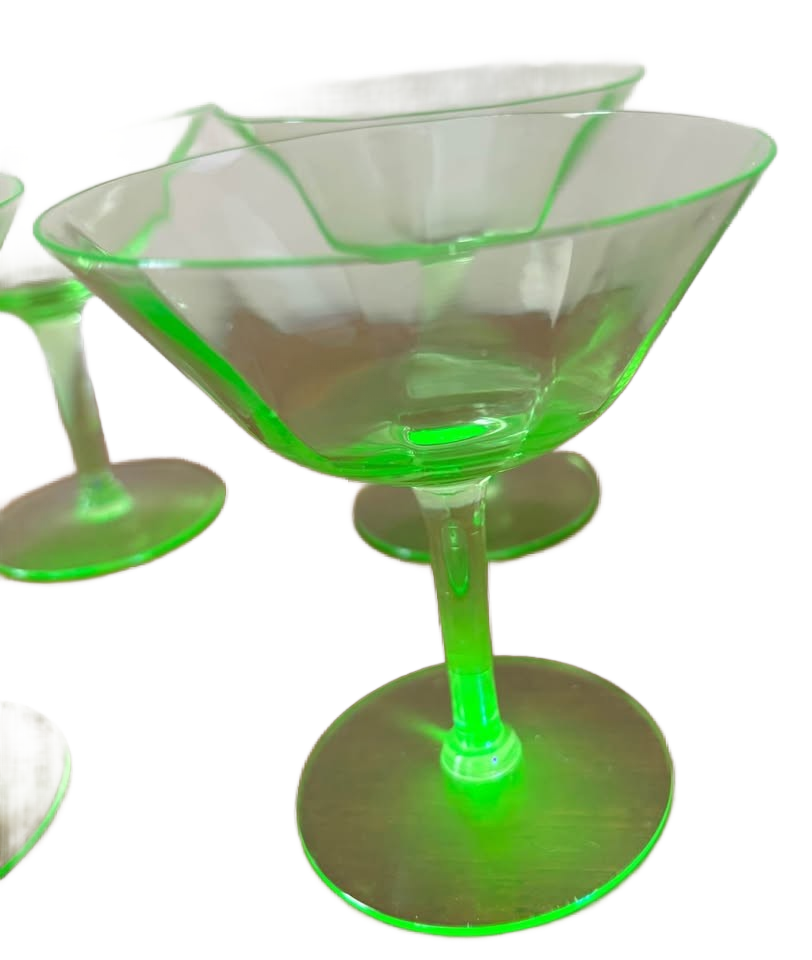 Uranium Glass! Set of 6 vintage stemmed cocktail glasses