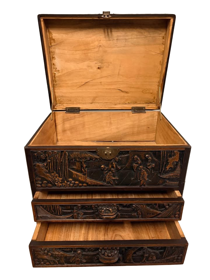 Antique carved camphor silverware chest