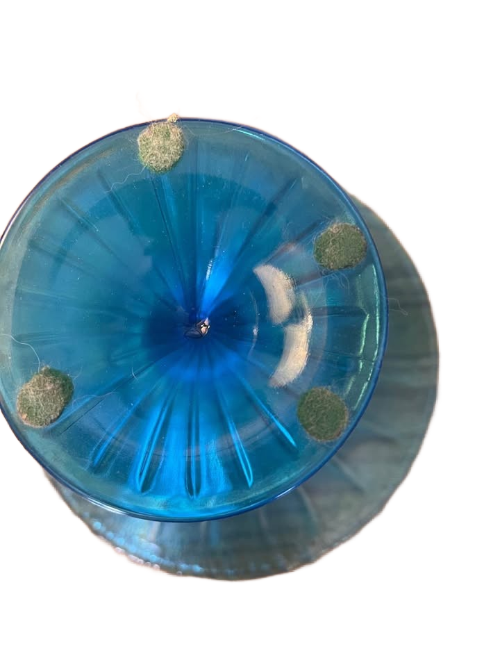 Antique Stretch Glass Compote – Blue Iridescent (c. 1915–1930)