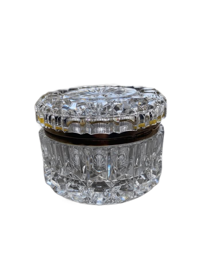 Vintage French Cut Crystal Brass Mount Round Casket Jewelry Box