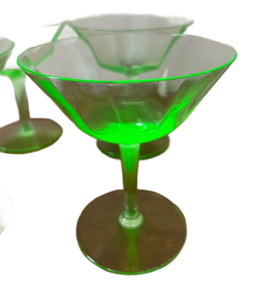 Uranium Glass! Set of 6 vintage stemmed cocktail glasses