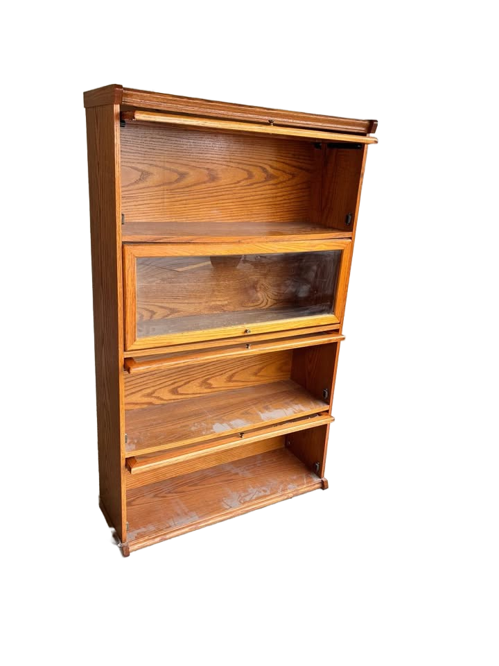 Vintage oak barristers cabinet, pocket doors, brass hardware.