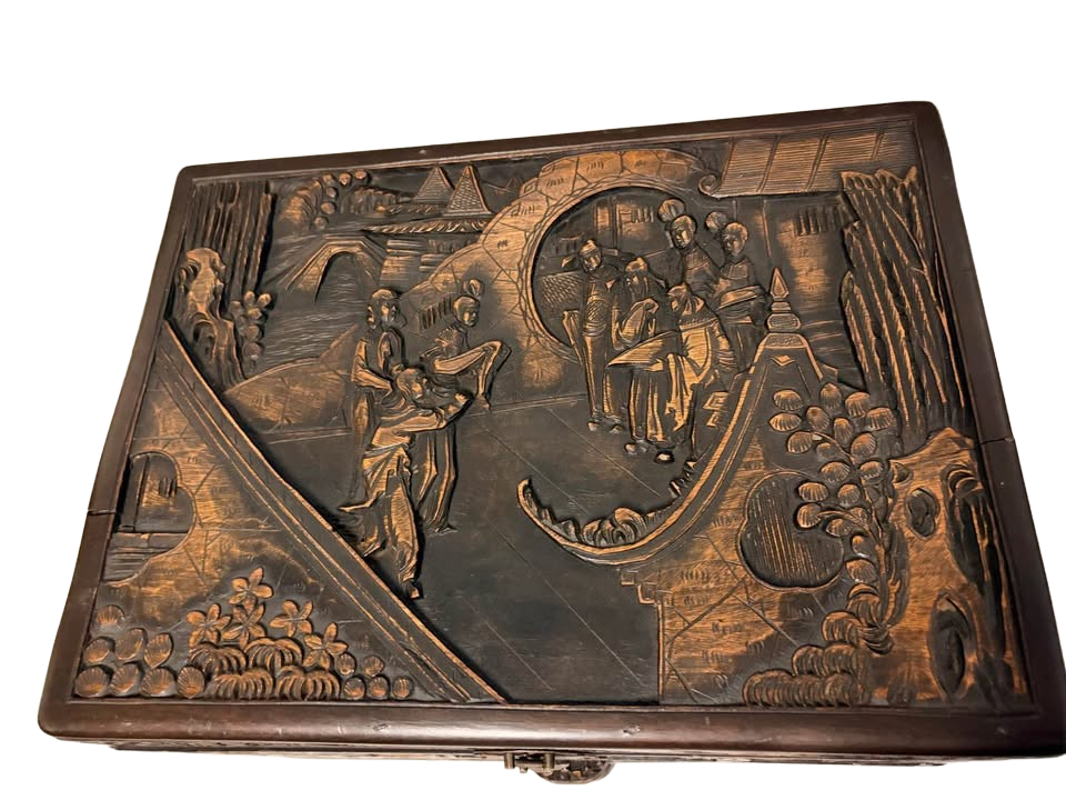 Antique carved camphor silverware chest