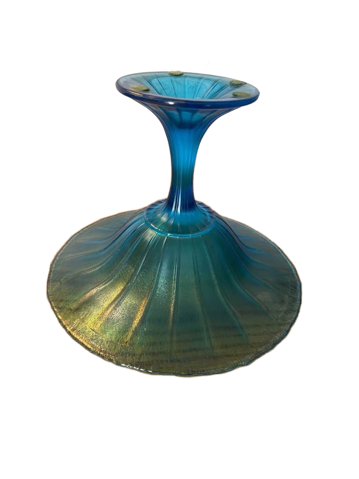 Antique Stretch Glass Compote – Blue Iridescent (c. 1915–1930)
