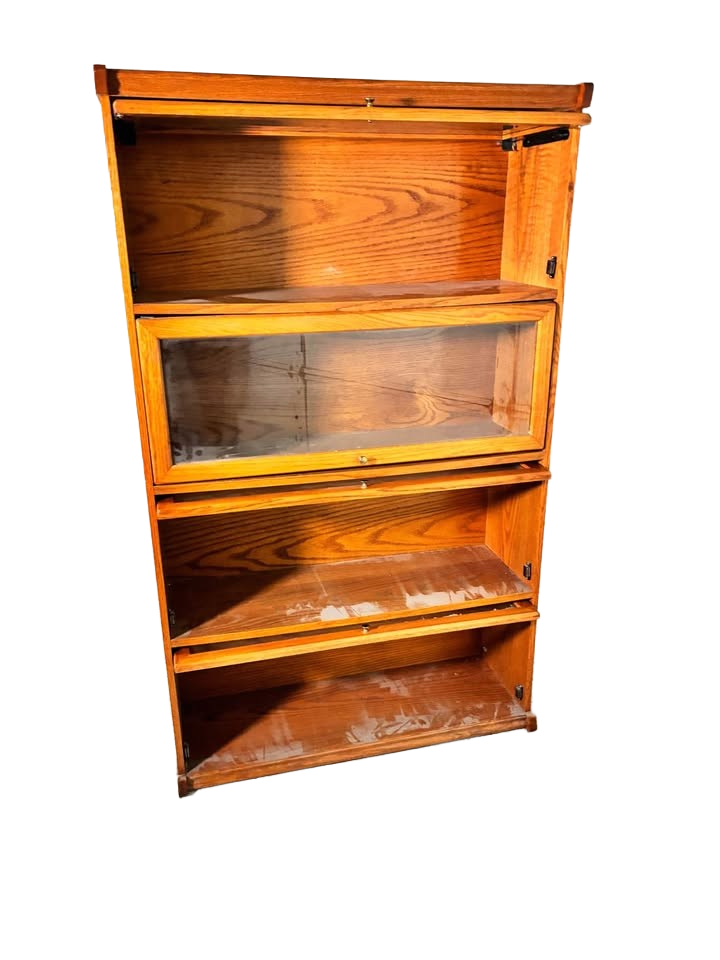 Vintage oak barristers cabinet, pocket doors, brass hardware.