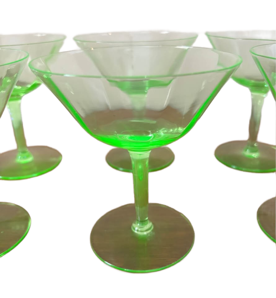 Uranium Glass! Set of 6 vintage stemmed cocktail glasses