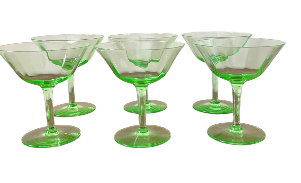 Uranium Glass! Set of 6 vintage stemmed cocktail glasses