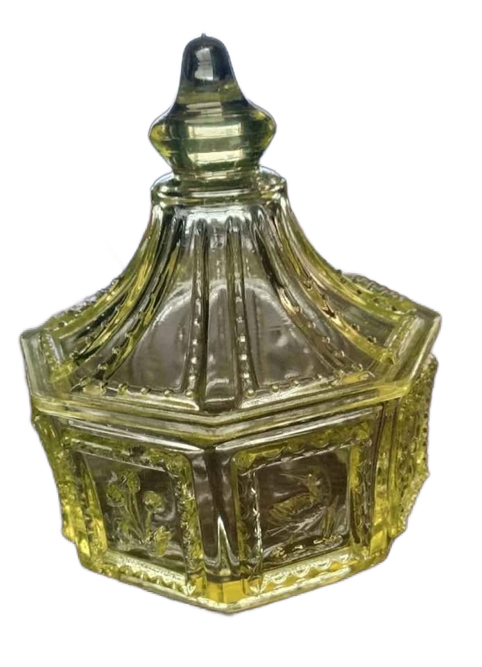 Rare HTF VTG Imperial Topaz Uranium Butterpat-Springerle Octagon Candy Dish