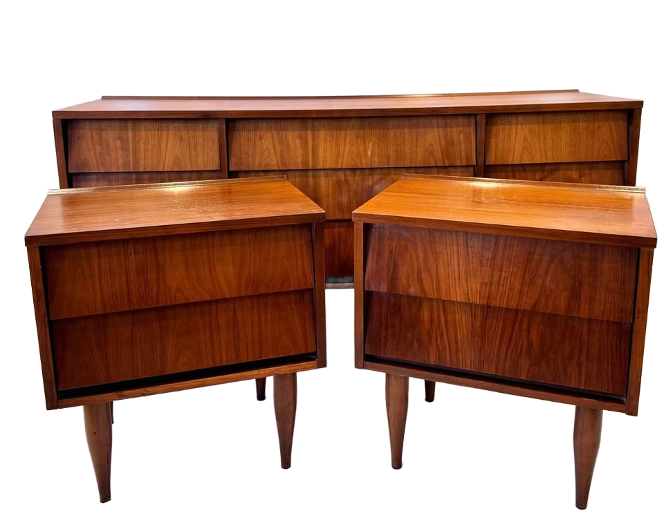 MCM Louvered set of lowboy dresser, mirror and nightstands