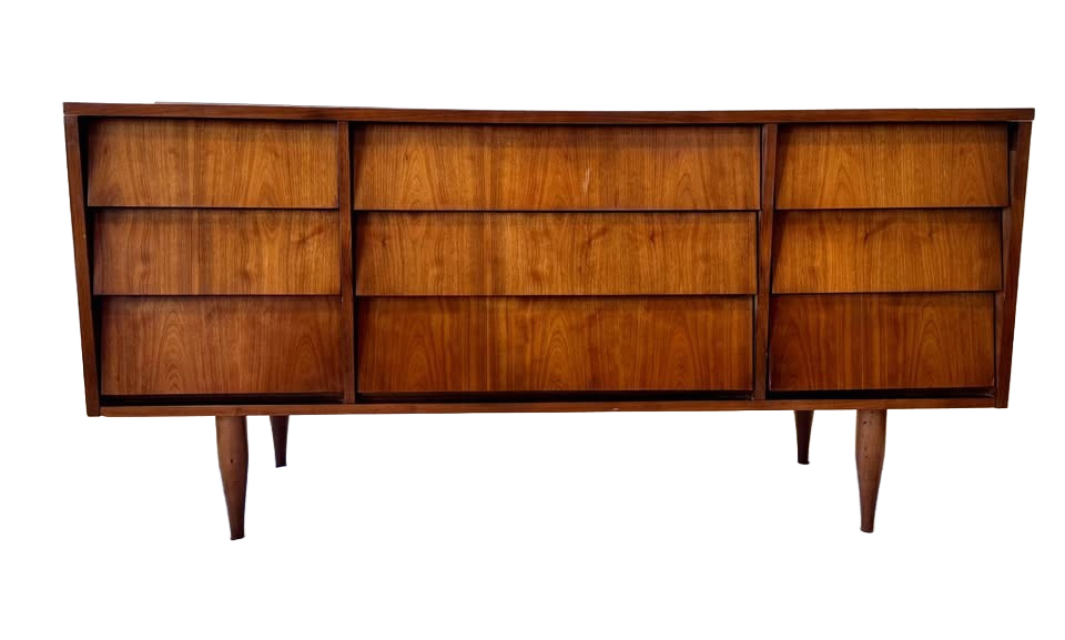 MCM Louvered set of lowboy dresser, mirror and nightstands