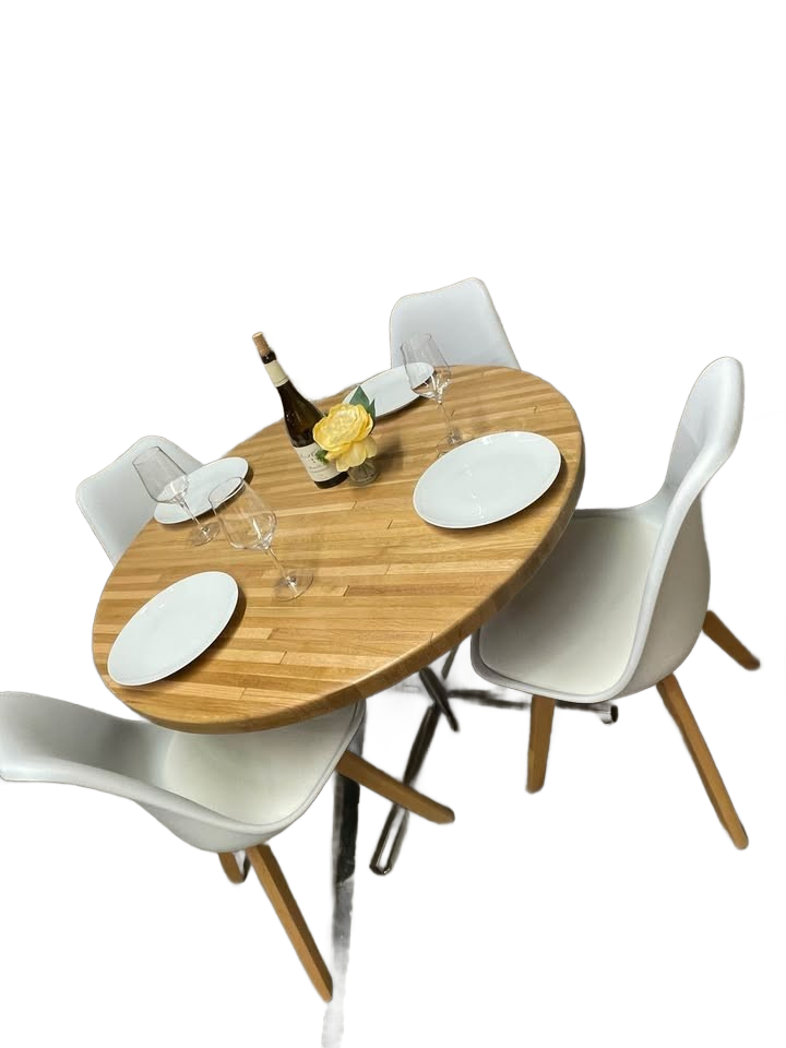 Mid-Century Modern Buther Block Round Pedestal Kitchen Table+4 White Eames-Style Deluxe MCM chairs