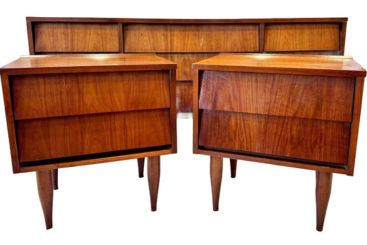 MCM Louvered set of lowboy dresser, mirror and nightstands