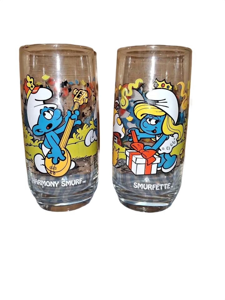 Smurf Glasses set of two 1 Smurfette and 1 Harmony Smurf 1983