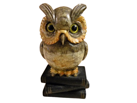 Vintage Genuine Alabaster Hand Carved 9 1/2" Owl on a Stack of 3 Books - Made in Italy - 8.3 Lbs.