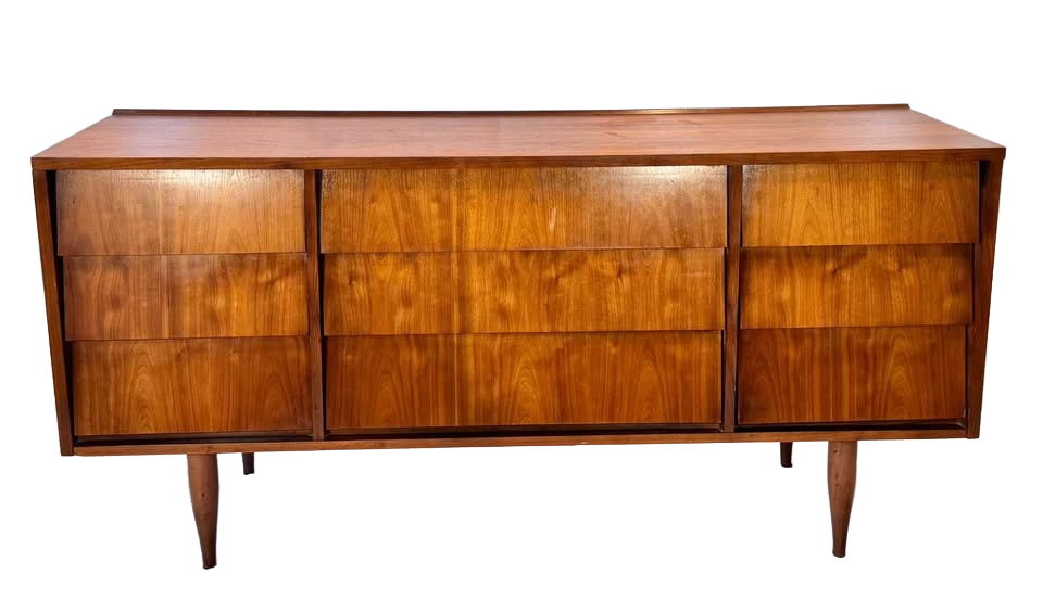 MCM Louvered set of lowboy dresser, mirror and nightstands