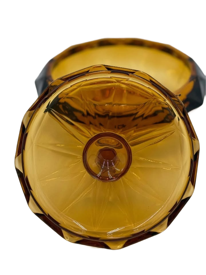 Vintage Viking glass HEAVY Amber Diamond Point covered dish